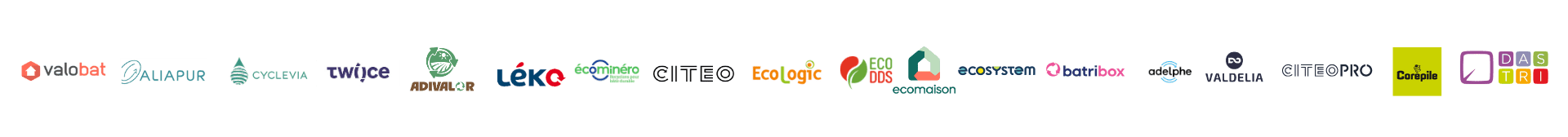 Logos des principaux éco-organismes agréés en France : Citeo, Léko, Aliapur, Écologic, Ecosystem, Ecomaison, Refashion, Corepile et autres